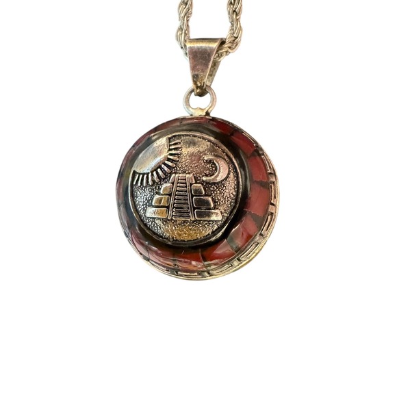 Vintage Mayan Aztec Sterling Silver Pendant Necklace Llamador Calendario - Picture 7 of 10